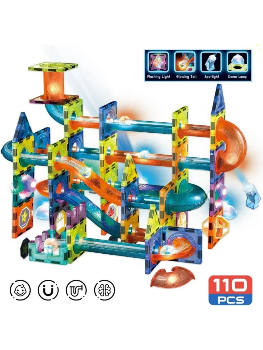 STEM Building Toys Set - 110 pcs Magnetic Marble Run Tiles, Educational Blocks